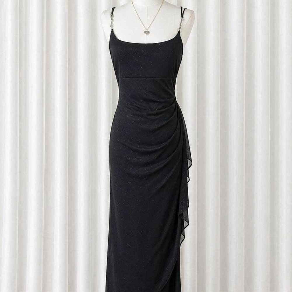 vintage y2k alex evenings black sparkly maxi dress chain straps draped formal